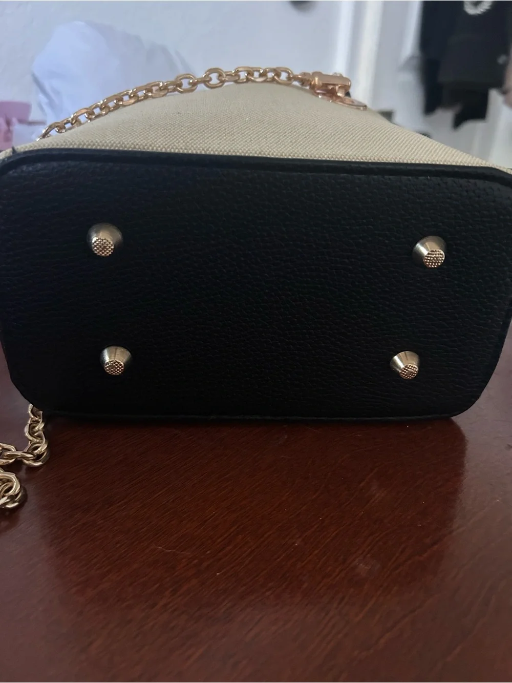 Fashion Beige Canvas Mini Bag with Black Trim and Gold Hardware - Picture 6 of 6